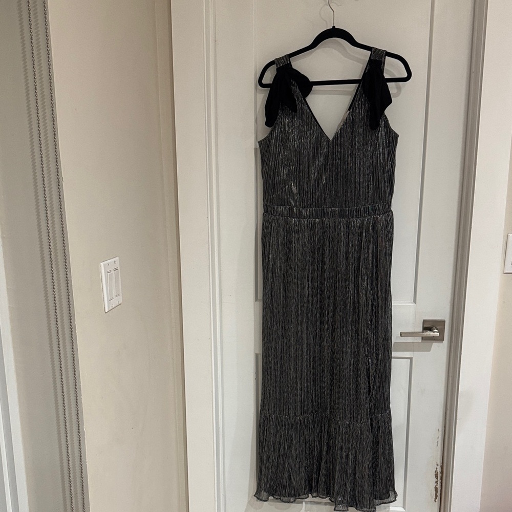 LOFT Metallic Silver Maxi Dress with Bow Straps